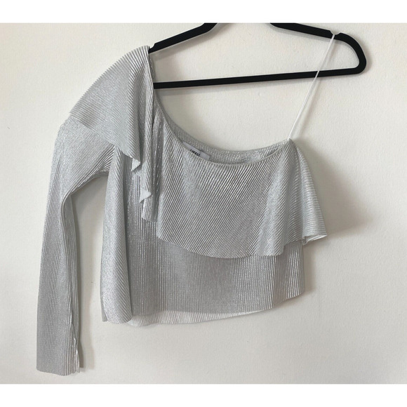 Silver Metallic Shiny Striped Ribbed One Shoulder One Long Sleeve Ruffle Top S - Picture 1 of 8